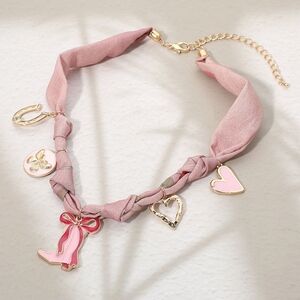 Bow Cowboy Boot Heart Butterfly Charm Pink Fabric Scarf Necklace